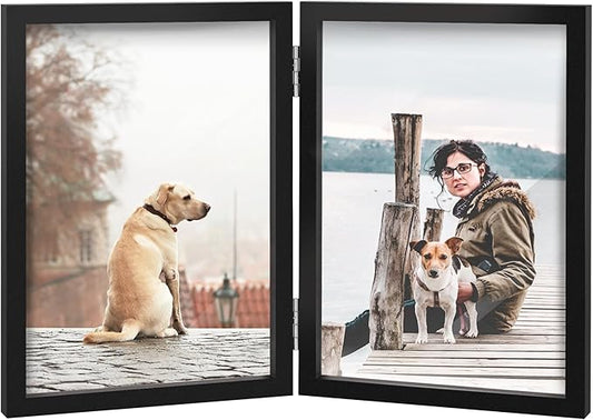 4x6 Double Picture Frame Wooden Hinged Photo Frame Definition Glass Stand Vertically on Desktop or Tabletop Black