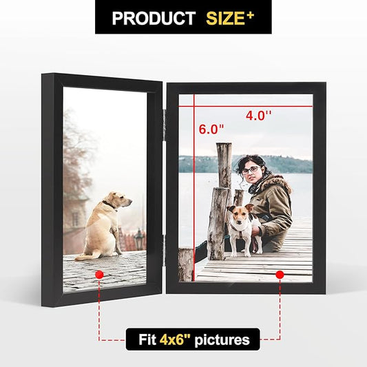 4x6 Double Picture Frame Wooden Hinged Photo Frame Definition Glass Stand Vertically on Desktop or Tabletop Black